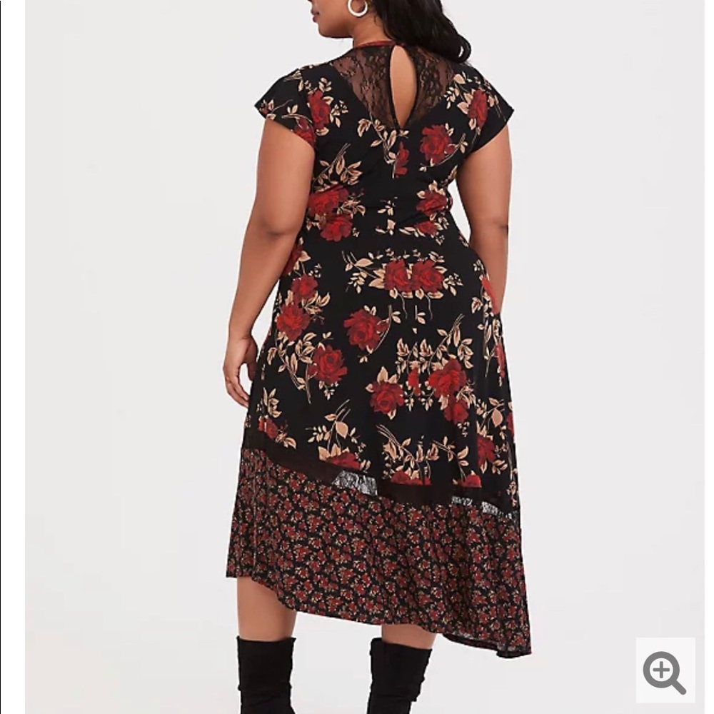 BLACK LACE KNIT FLORAL ASYMMETRICAL MIDI DRESS